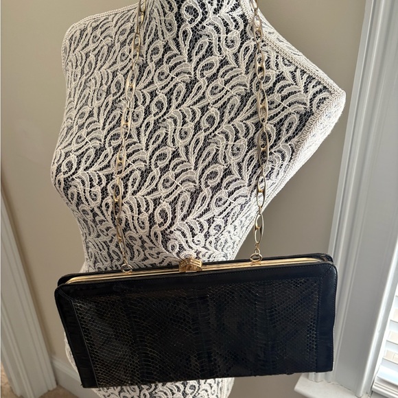 Handbags - Snakeskin Leather Black Clutch with Gold Chain
